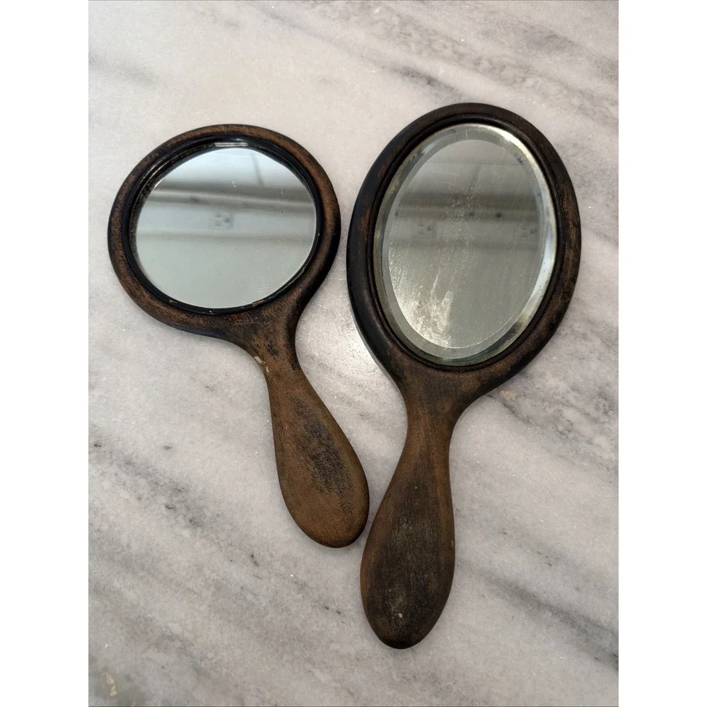 Set Of 2 VINTAGE Wood Vanity DRESSER Hand Mirrors unique rare JH